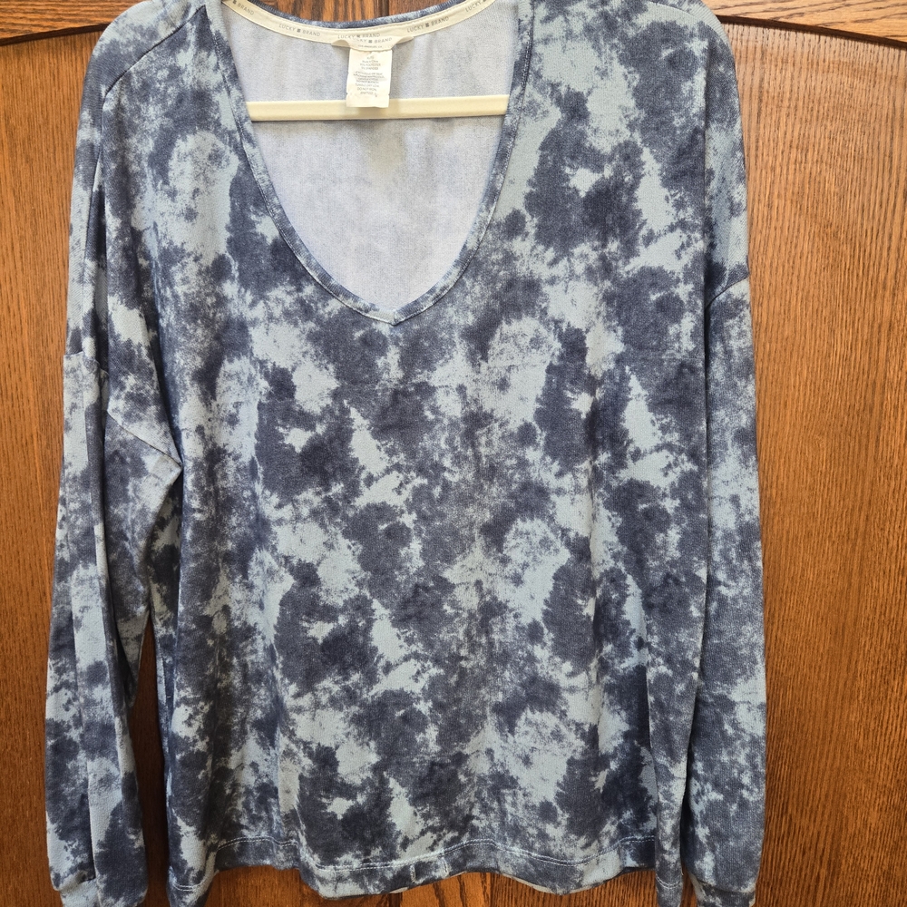 Lucky Brand Blue Slate Tie-Dye V-Neck Long Sleeve Top